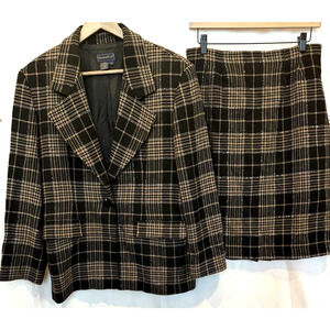 Dark Academia Wool Suit Set Womens 8 Blazer Skirt Plaid Tweed Tartan
